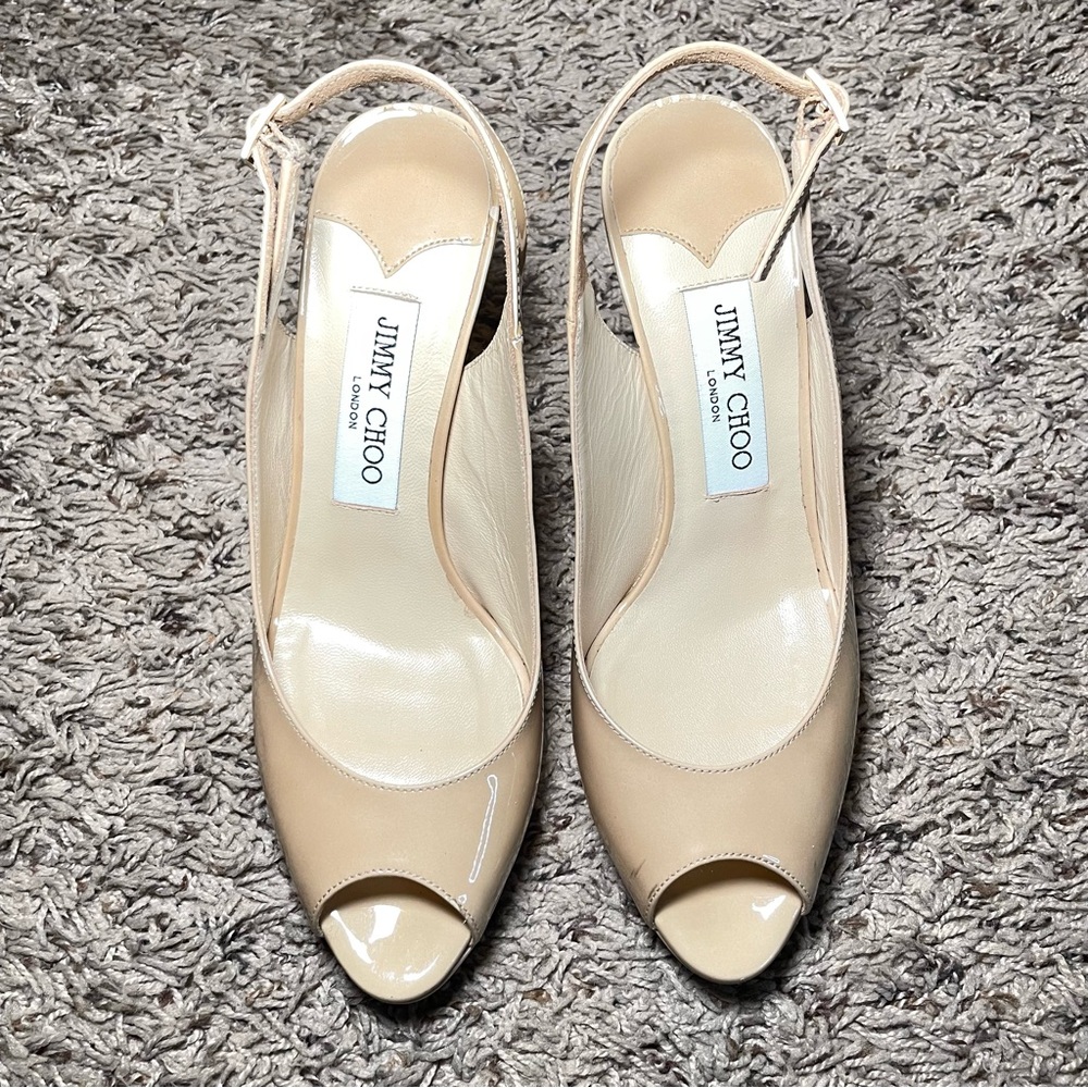 Jimmy Choo Nova Patent Leather Slingback‎ Peep Toe Heels Size 37EU 7US
